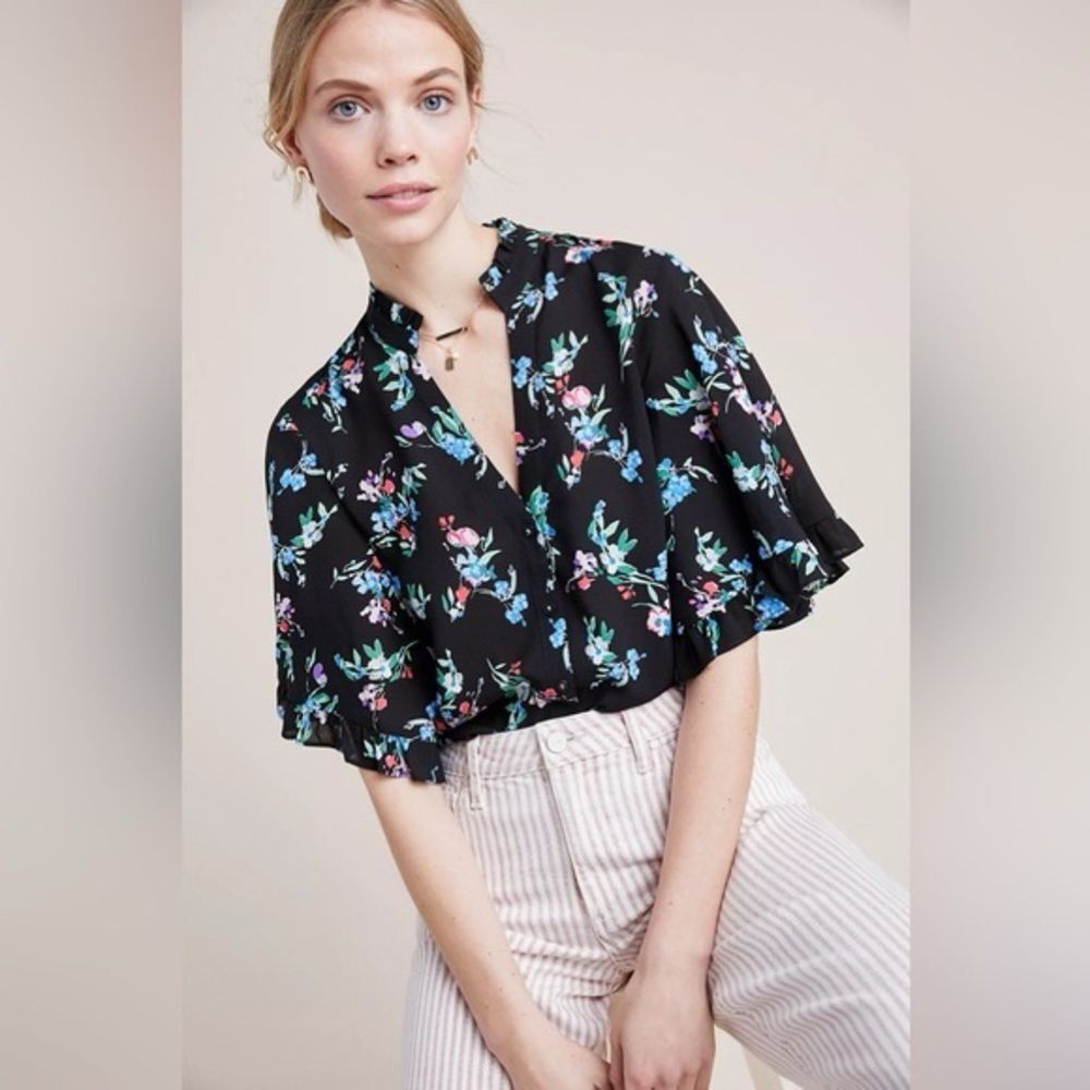 Anthropologie Maeve Aveiro Flutter-Sleeved Buttondown Black Floral Blouse M